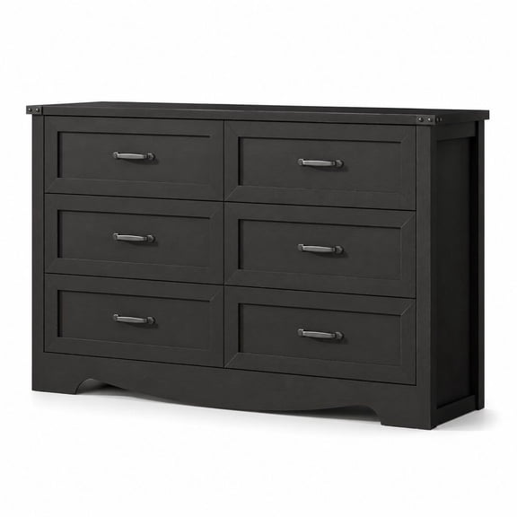 Bedroom Dresser with 6 Drawers, 48-Inch Wide Wooden Chest of Drawers with Deep Drawers & Metal Handles, Modern Dresser and TV Stand, Wooden Closet Organizer for Living Room, Hallway, Entryway, Black