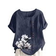 thumbnail image 2 of Lydiaunistar Women's Spring Tops Plus Size Casual Linen Round Neck Short Sleeve Printed Button Blouse Shirt Lightweight Comfy for Work Vacation Navy, 2 of 4
