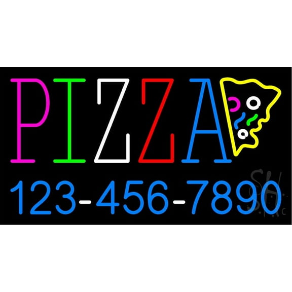 Pizza with Phone Number LED Neon Sign 13 x 24 - inches, Clear Edge Cut Acrylic Backing, with Dimmer - Bright and Premium built indoor LED Neon Sign for restaurant window and interior decor.