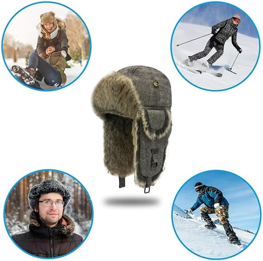 Fur Winter Trapper Hat,Wool Faux Fur Aviator Ski Trapper Trooper Pilot Snow Eskimo Hat with Ear Flaps for Men & Women