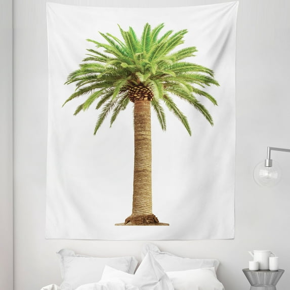 Tree Tapestry, Exotic Coconut Palm on Plain Backdrop Tropical Outdoorsy Botanical Photo, Fabric Wall Hanging Decor for Bedroom Living Room Dorm, 5 Sizes, Cocoa Lime Green White, by Ambesonne