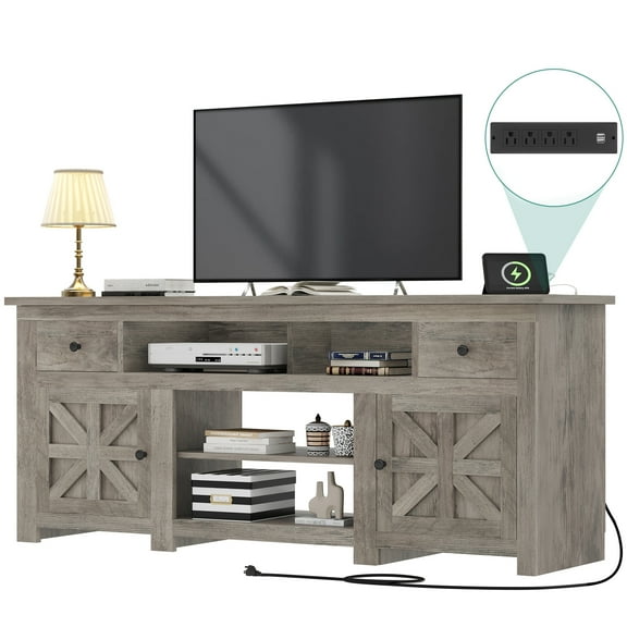 KDTHTF Rustic Grey TV Stand, Fits Up to 80 Inch TVs, with Power Outlet & Cable Management, 2 Barn-Door Cabinets 2 Drawers, Adjustable Shelves, Living Room Media Console