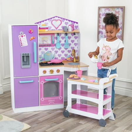 KidKraft KidKraft Sweet Snack Time Wooden Cart & Play Kitchen with Working Ice Maker and 21 Accessories