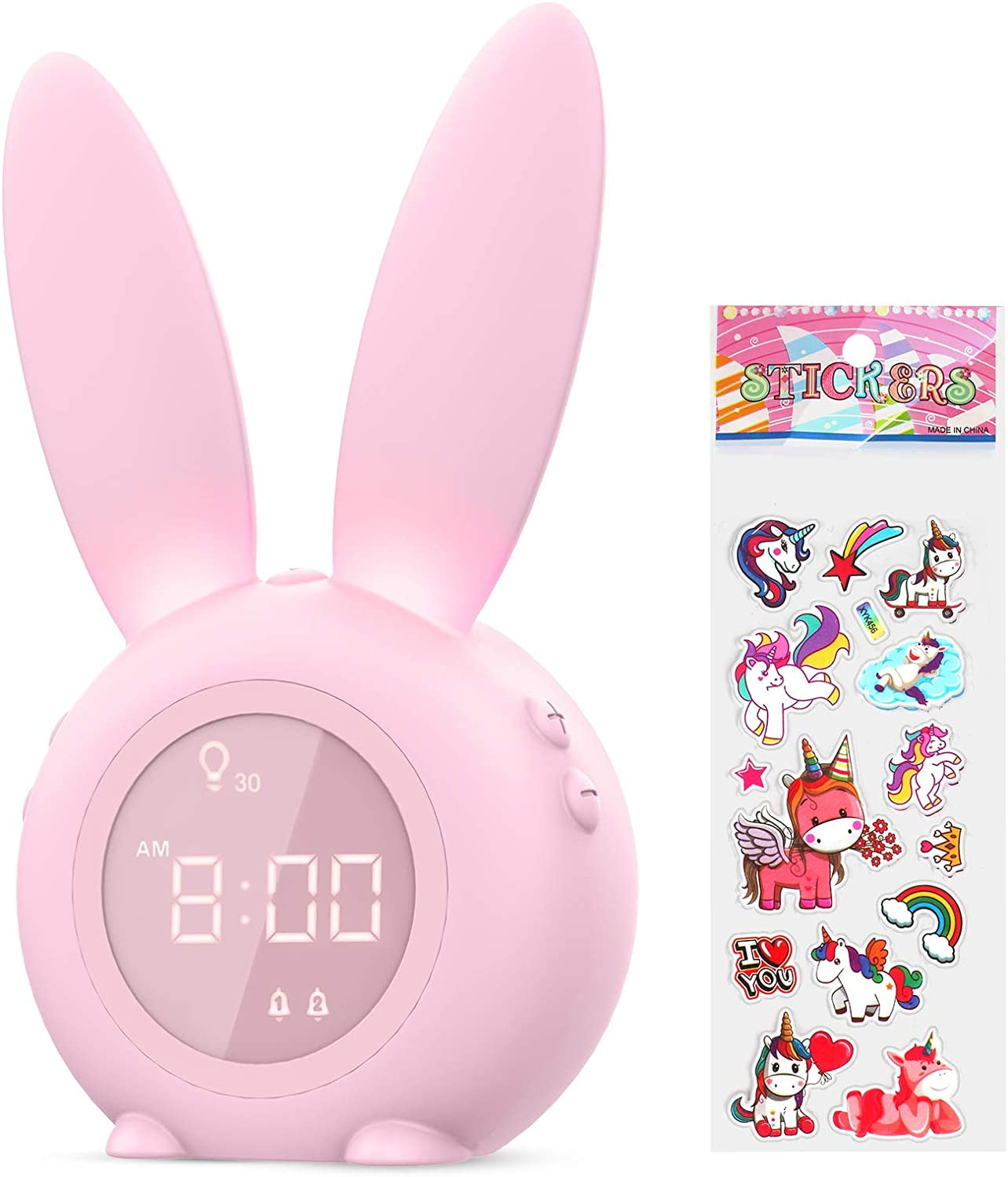 Cute Bunny Alarm Clock Wall Clock Night Light Table Clock Wake Up Light Cartoon Rabbit Bedside Table Lamp Gift for Kids Children Adults Mother Pink 
