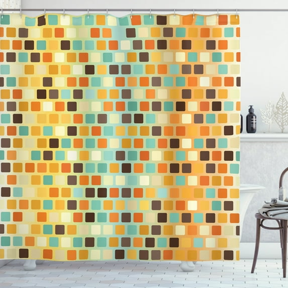 Retro Shower Curtain, Square Wall Pattern with Colorful Abstract Shapes Mosaic Motifs Geometric Design, Fabric Bathroom Set with Hooks, 69W X 84L Inches Extra Long, Multicolor, by Ambesonne