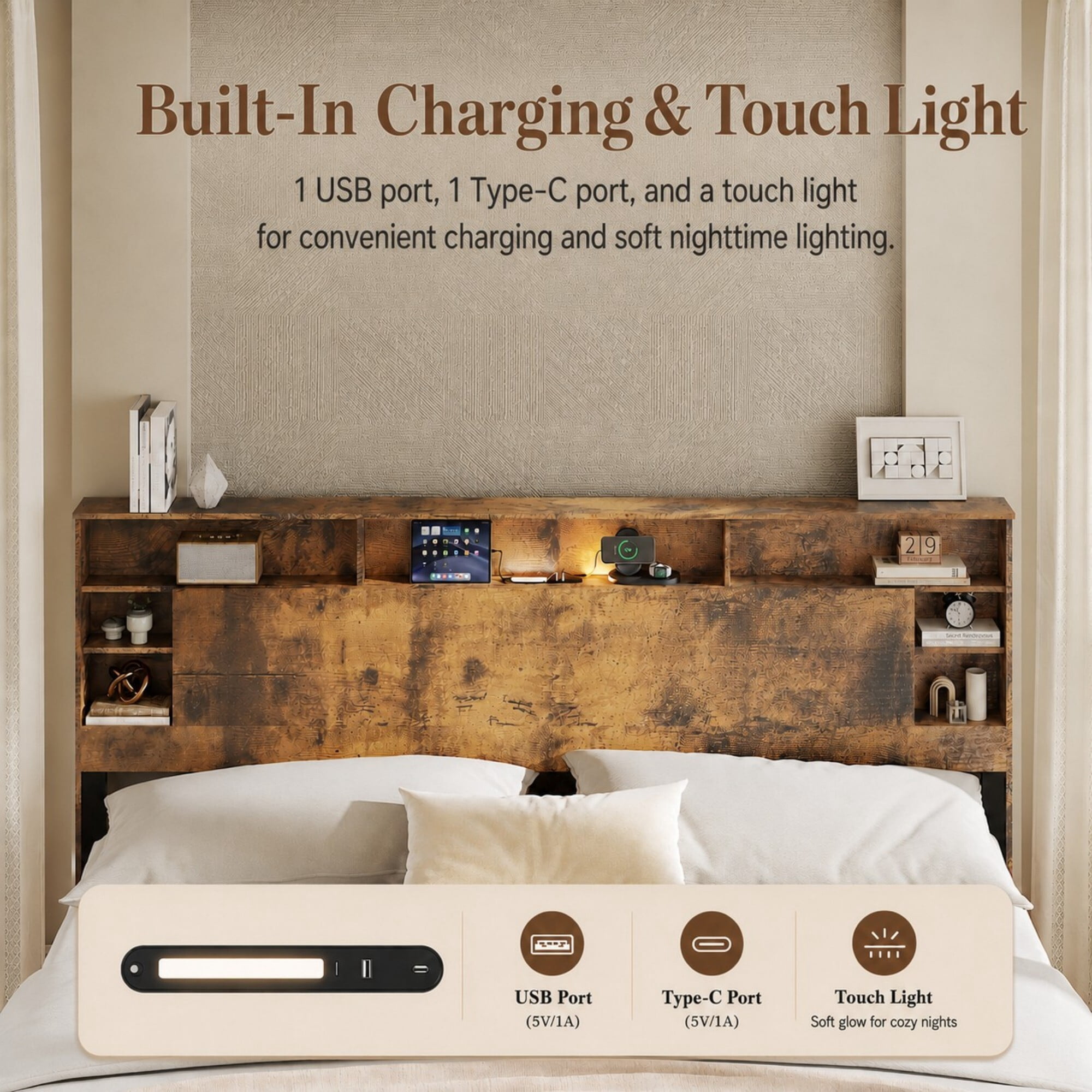 DEALTOPS King Size Platform Bed Frame with Storage Headboard, LED Light & Charging Station, Rustic Brown