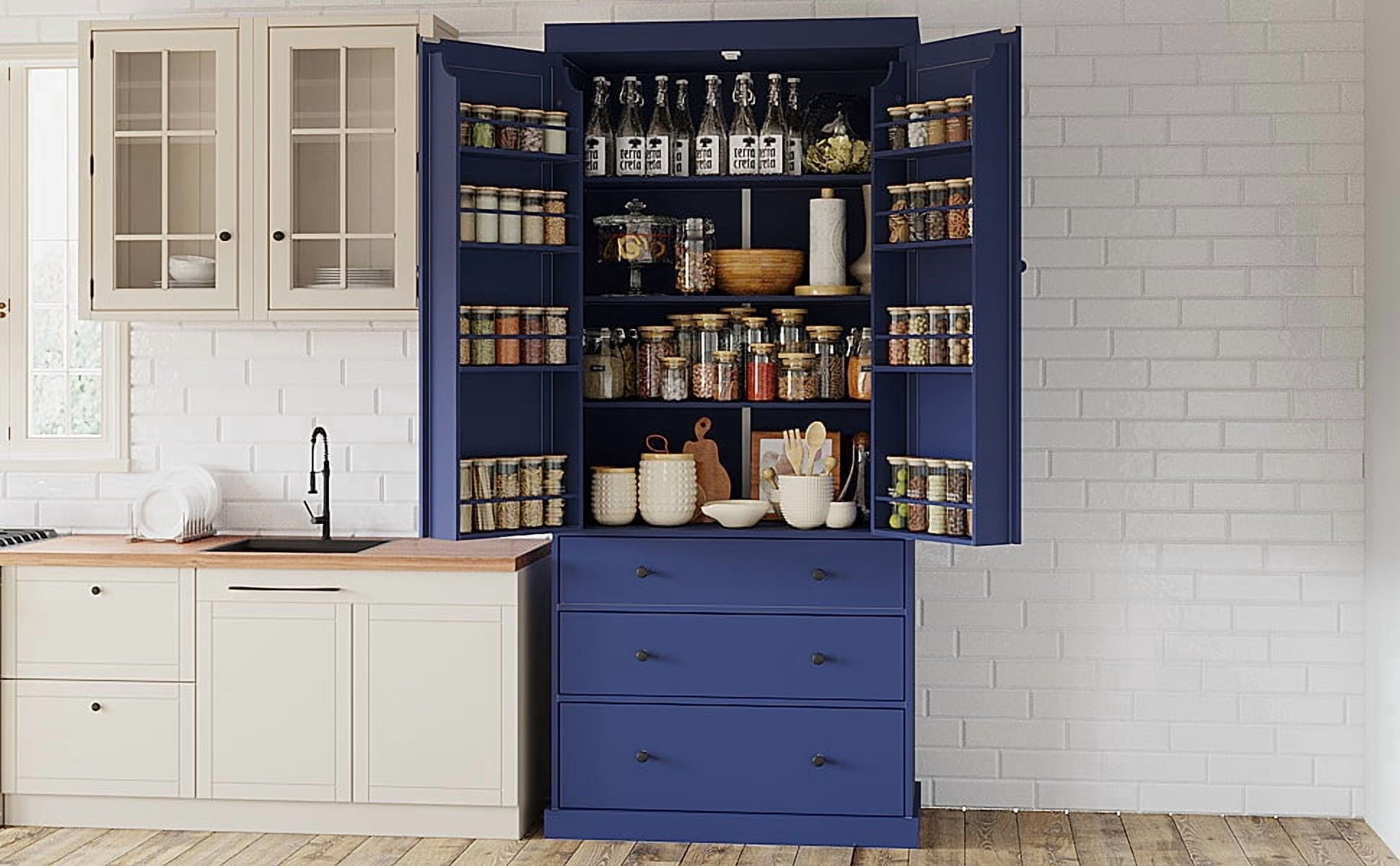 77" Farmhouse Kitchen Pantry - Freestanding Tall Cupboard Storage Cabinet with 3 Adjustable Shelves, 8 Door Shelves, 3 Drawers for Kitchen, Dining Room, Pantry Organization