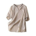 thumbnail image 5 of Cotton Linen Womens Shirt Tops 3/4 Sleeve Round Neck Tie Vintage Floral Print Casual Loose Summer Fall Flowy Blouse Tops,Purple,L, 5 of 5
