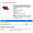 thumbnail image 2 of Left Driver Side Tail Light Assembly - Compatible with 2018 - 2022 Honda Accord 2019 2020 2021, 2 of 2