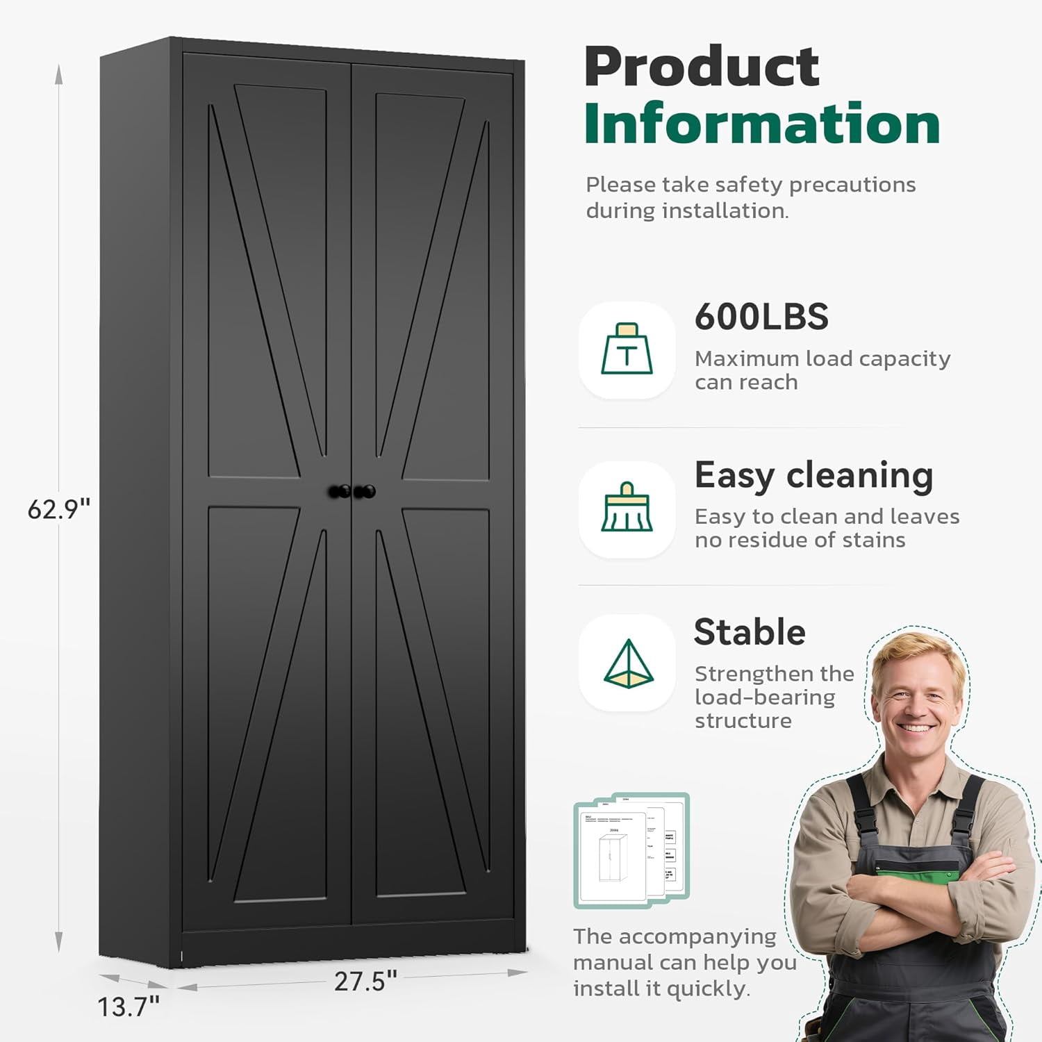 SOLAURA 63" H Farmhouse Metal Kitchen Pantry Cabinet, Pantry Storage Cabinets with 2 Barn Doors and 4 Adjustable Shelves for Kitchen, Living Room, Bedroom, Dining Room, Home(Black)