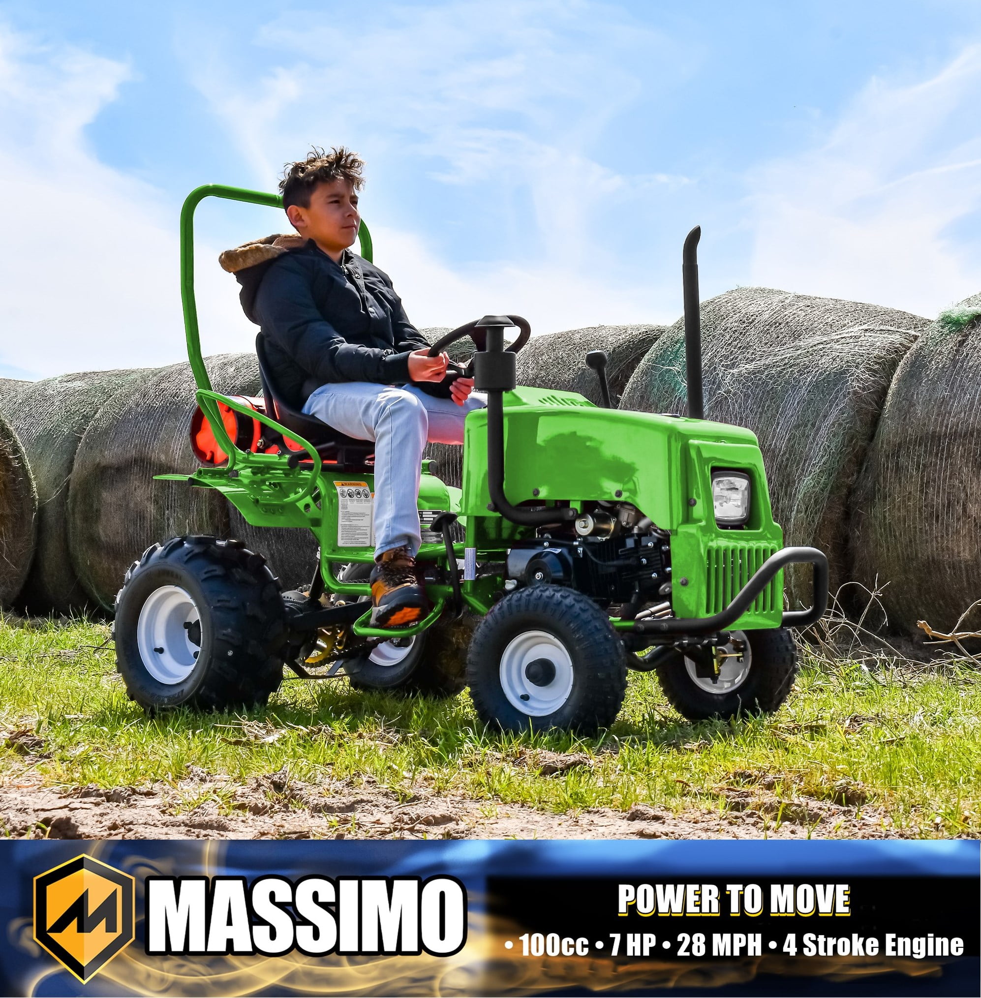 Massimo Mini Tractor 110cc 2WD Gas Go Kart – Kids & Youth Ride-On Utility Vehicle – Green