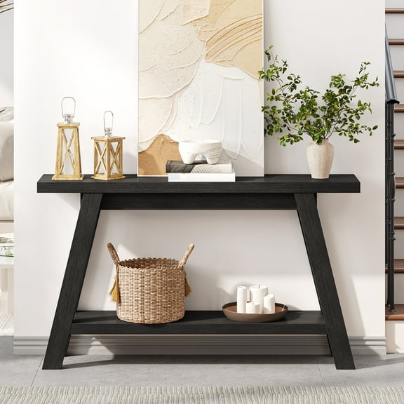 54" Farmhouse 2-Tier Console Table ,Wooden Entryway Sofa Table, Black