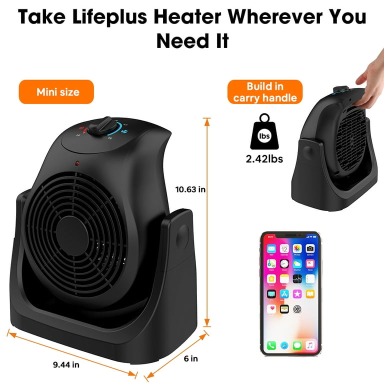 Lifeplus Space Heater and Fan Combo 2 in 1 Energy Efficient for Indoor Use Overheating Protection, Black, Size: 9.4 x 6.0 x 10.6 (LxWxH)