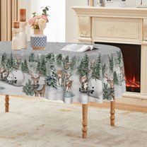 Christmas Tablecloth 90×90 Inch Round, Deers Snowman Trees White Washable Table Cover for Party Picnic Dinner Decor