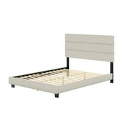Premier Syracuse Upholstered Linen Tri Panel Platform Bed Frame with Headboard, Full, White, Foundation or Box Spring NOT Required