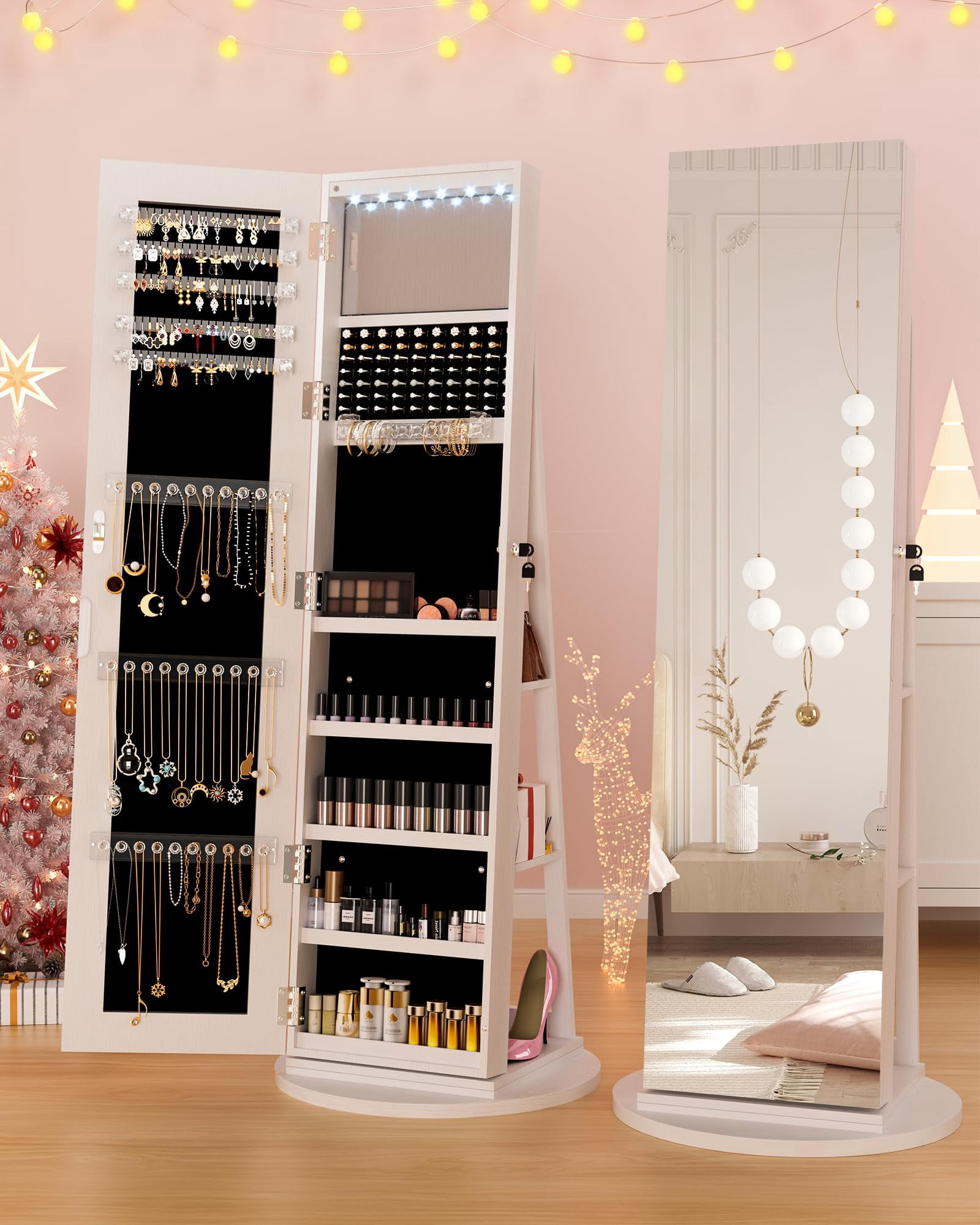 Jewelry Armoire with Frameless Full-Length Mirror, 360° Swivel Jewelry Cabinet Organizer Standing with 3 Back Shelves, 6 LEDs, Storage Lockable for Women Gift, White