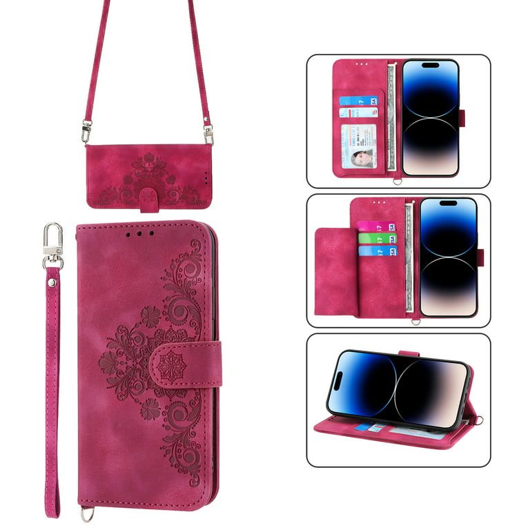 Mantto Wallet Crossbody Case for iPhone 13 Pro Max, Magnetic Flip Embossed  Shoulder Strap & Short Hand Strap Wallet Card Slot PU Leather Case with  Kickstand For iPhone 13 Pro Max, Pink 