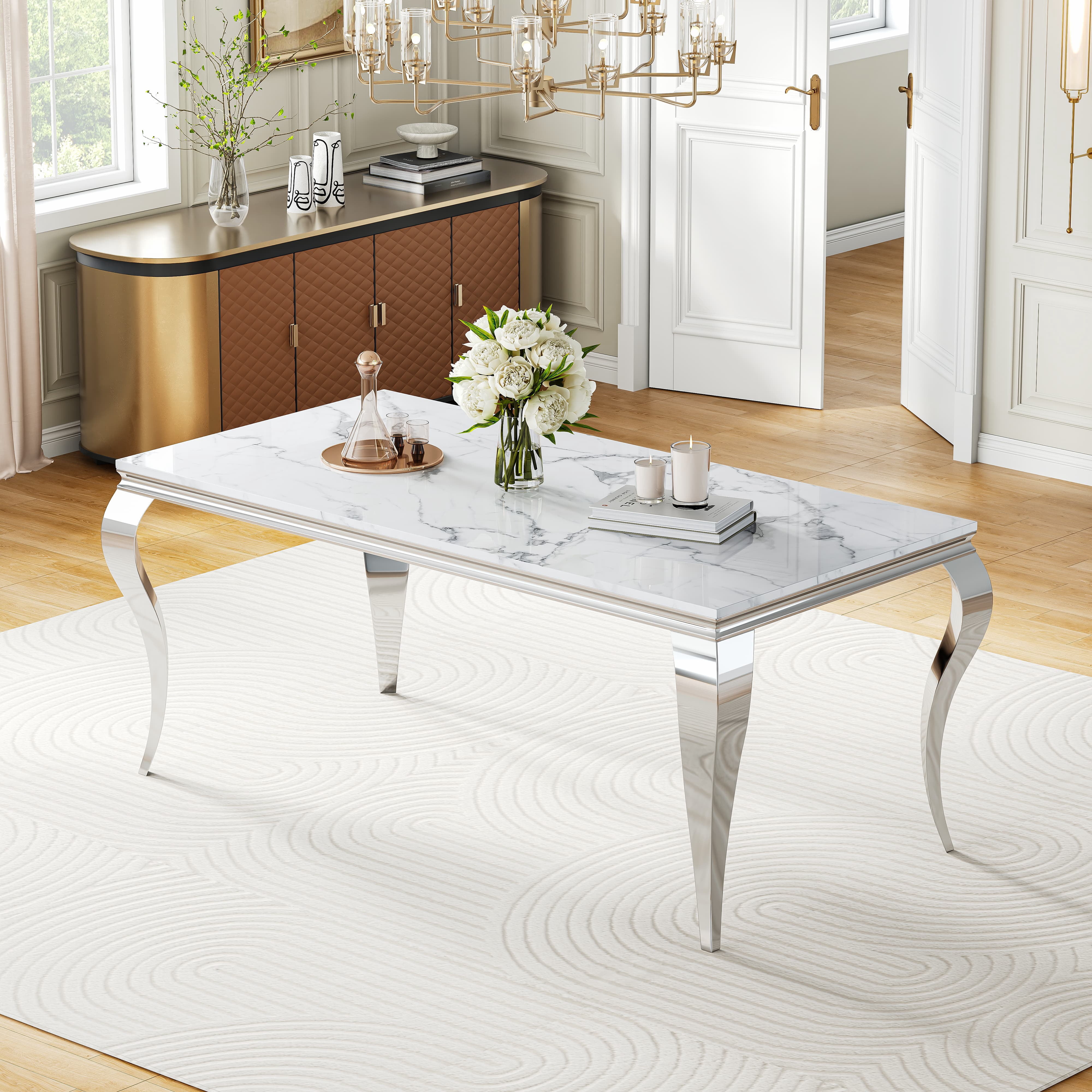 Modern Marble Dining Table, 70" Faux Marble Top and Polished Stainless Steel S-Shaped Legs, for Apartment, Living Room, Kitchen