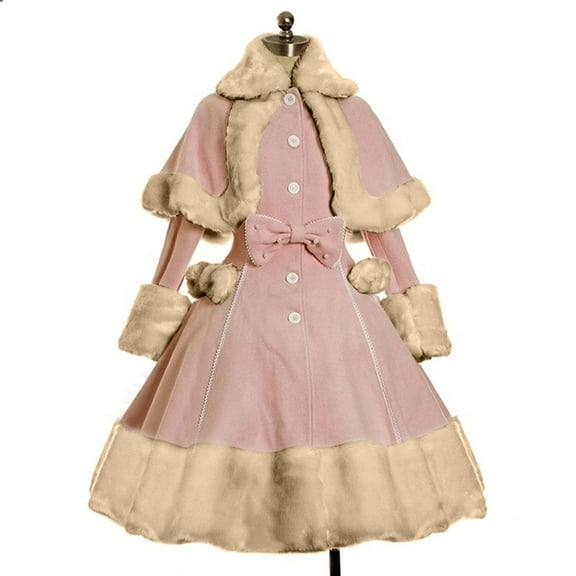 SDJMa Women's Long Sleeve Woolen Jacket Bow Cape Set Outwear Plush Stitching Coat