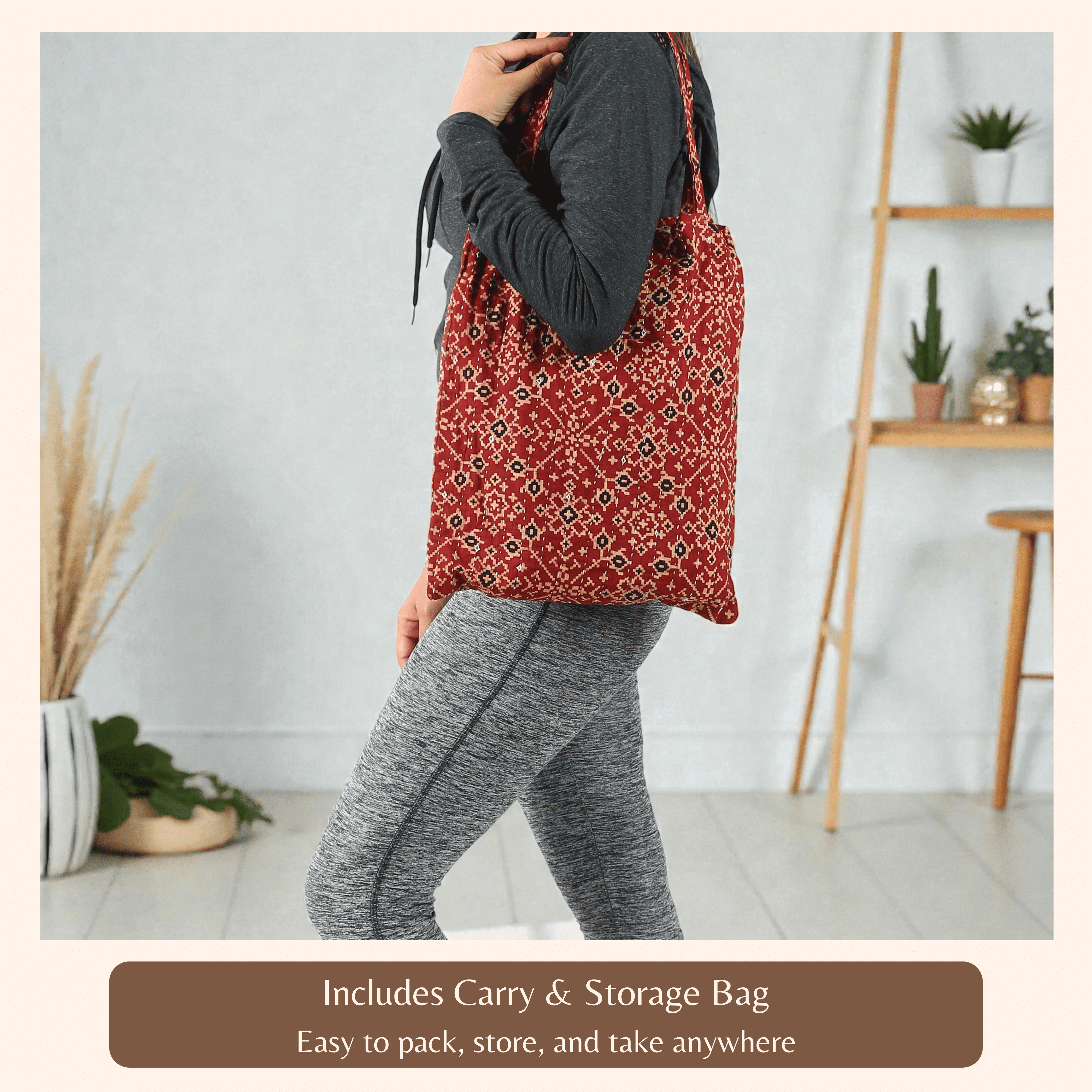 Vivanta Yoga Mat 72x24 inch Cotton Patchwork Block Print, Non Slip for Exercise Meditation, Includes Carry Bag