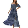 thumbnail image 2 of Usmixi Formal Dresses for Women Short Sleeve Square Neck Striped Print Summer Maxi Dresses Beach Holiday Elastic Waist Slit Party Dress Blue S Up to 65% off, 2 of 7