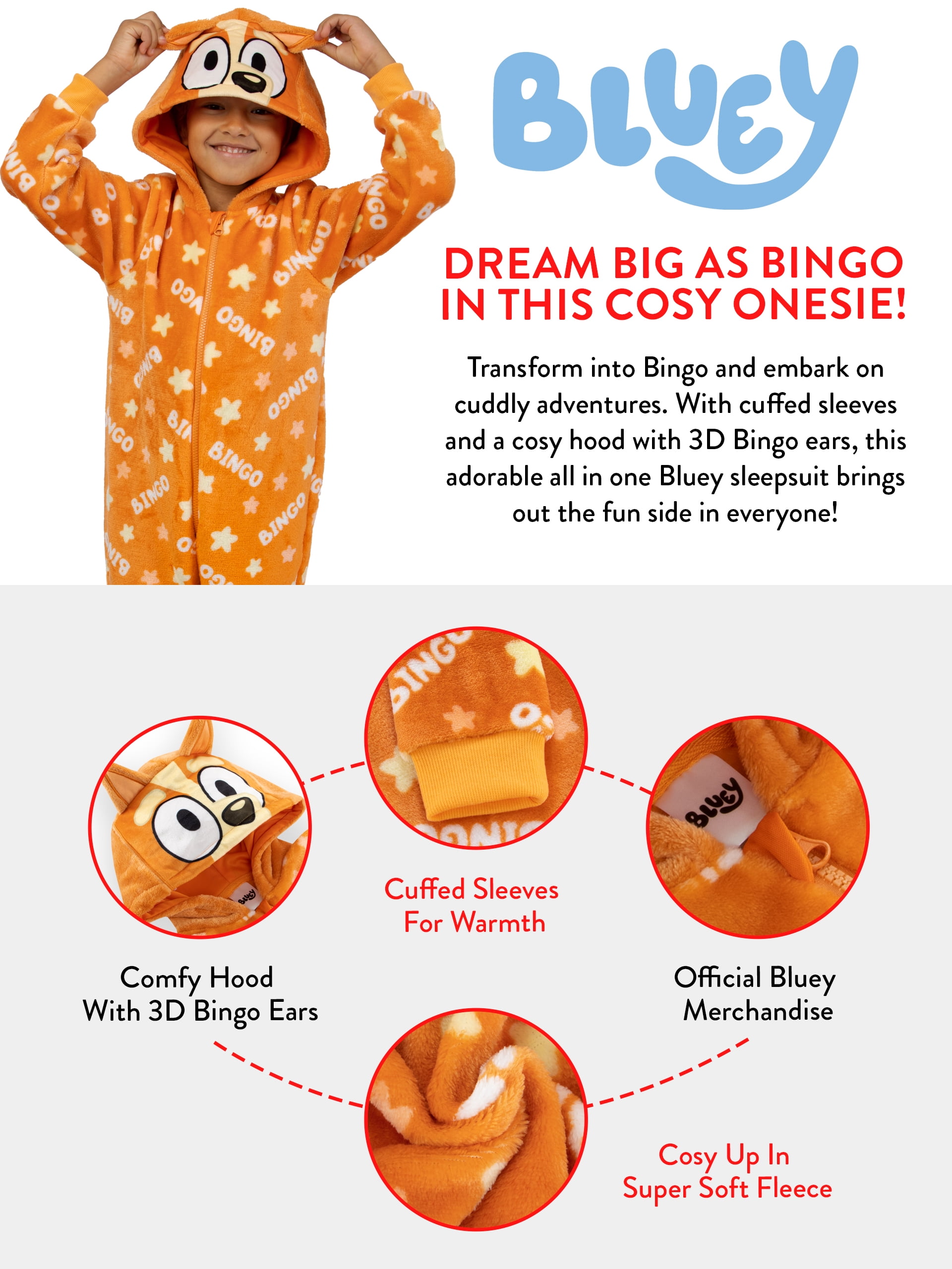 Bluey Boys Bingo Onesie With 3D Ears Orange Sizes 2T-8