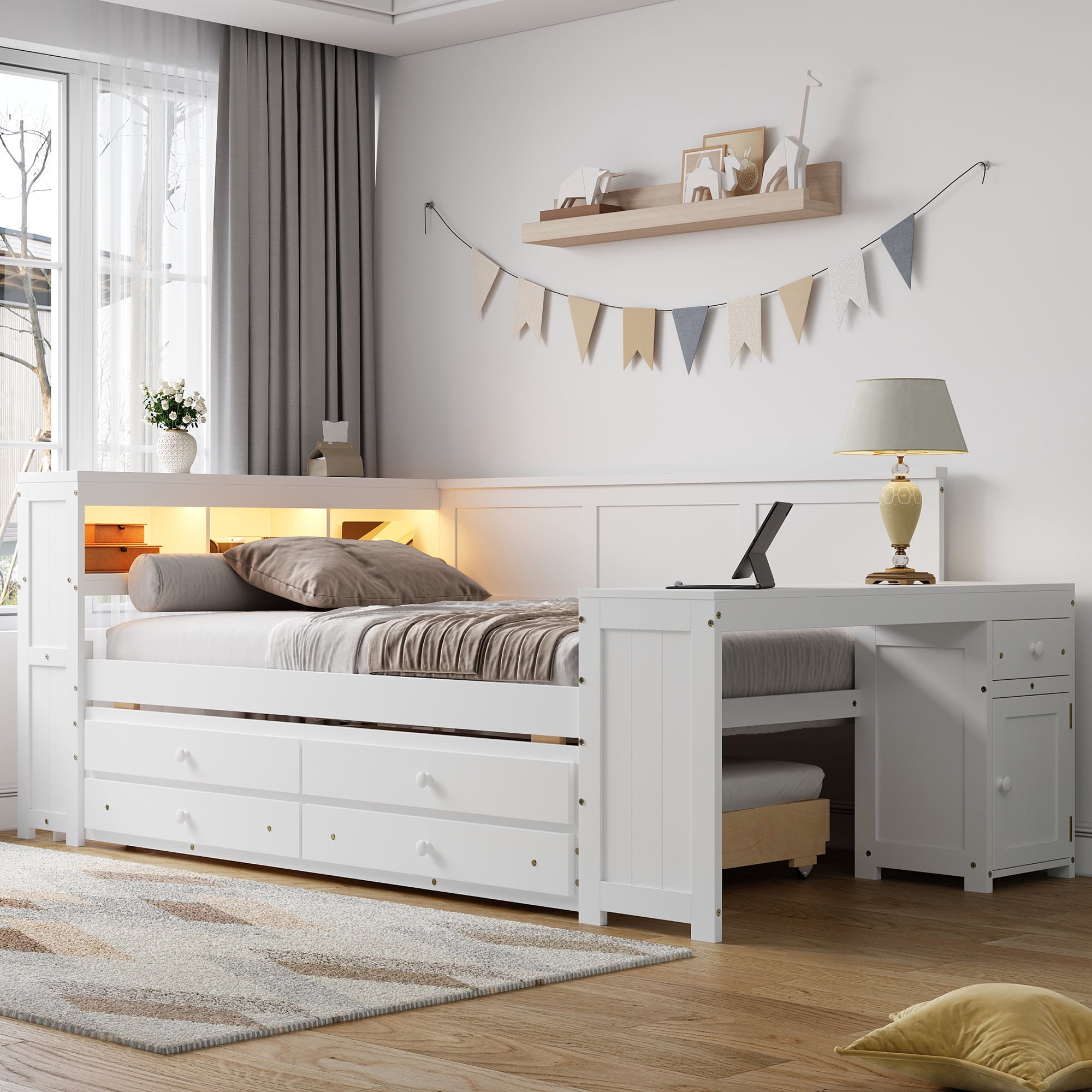 Sailvan Full Size Daybed with Storage Drawers, Trundle and Built-in Desk White