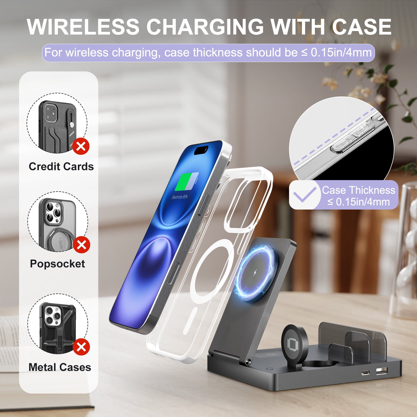 Charging Station, Wireless Charger, 5 in 1 Phone and Watch Charger for iPhone 17 16 15 14 13 12, for Apple Watch, Wireless Charger Station for AirPods 4 3 2, for iPad, Black