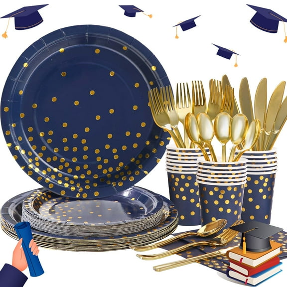 Gudvilla 248pc Navy Blue & Gold AFN1Party Decorations, 168pcs Disposable Plates & Napkins, Blue Paper Plates Serve 24, Birthday, Father's Day, Graduation