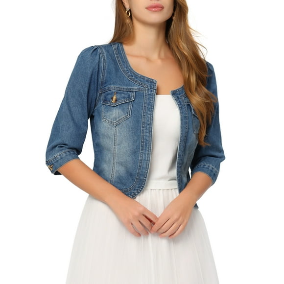 INSPIRE CHIC Denim Jacket for Women's Collarless Pockets 3/4 Sleeve Jean Jackets Small Blue