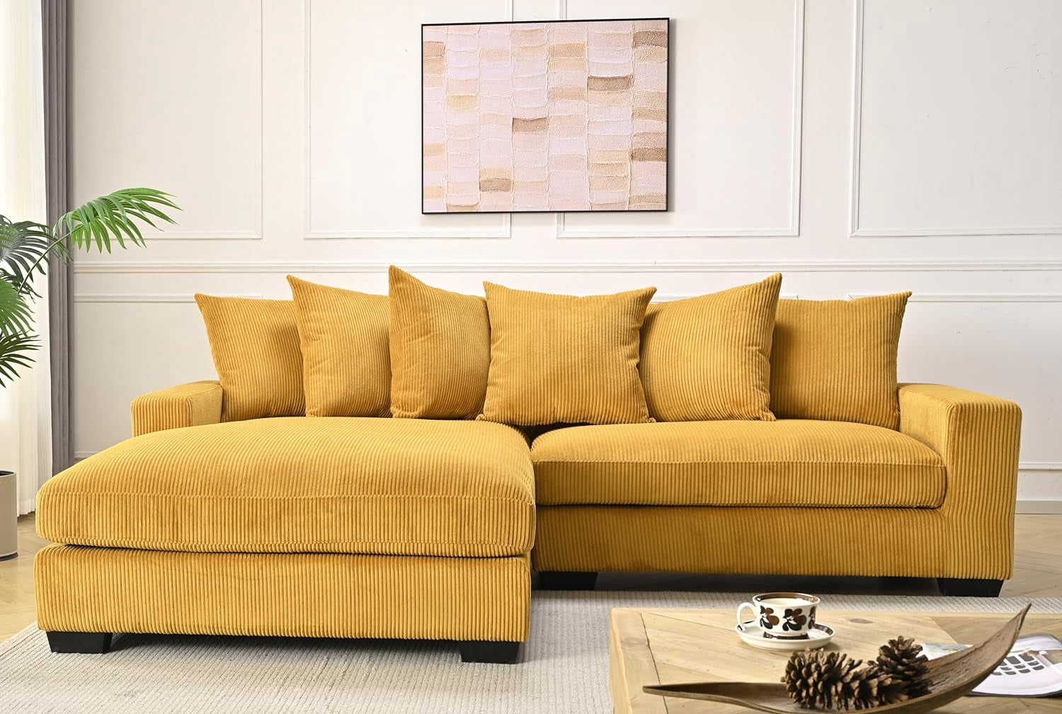 US Pride Furniture Luxe Oversized Two-Piece Sectional Couches for Living Room L Shaped Sofa with Chaise Upholstered with Corduroy Fabric Facing Left Yellow Ginger