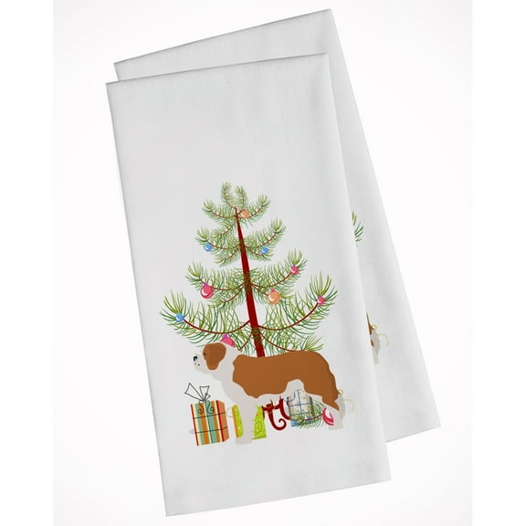 Saint Bernard Merry Christmas Tree White Kitchen Towel Set of 2 Dish Towels