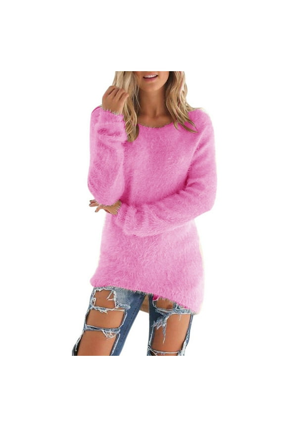 Womens Fuzzy Pullover Sweater Casual Long Sleeve Fall Winter Sweaters Crew Neck Solid Soft Tops Loose Fit Jumper