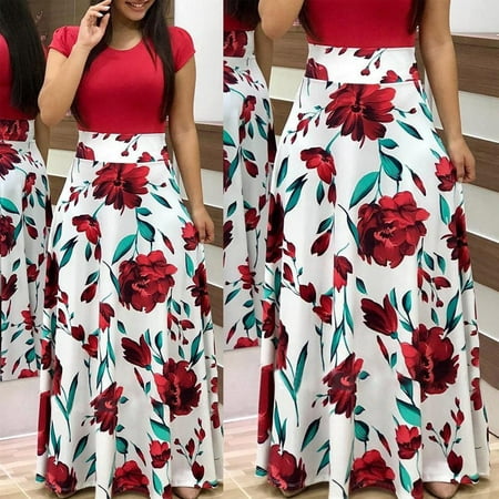 Womens Floral Maxi Dress Prom Evening Party Summer Boho Beach Casual Long Sundress color Red Size