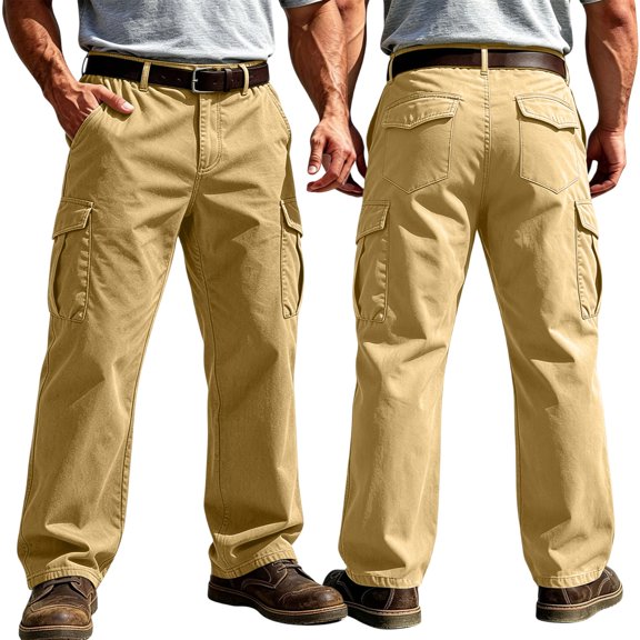 Zimjoy Cargo Pants for Men Ripstop Multi Pocket Breathable Trousers Relaxed Fit Outdoor Utility Pants for Fishing Construction Khaki L