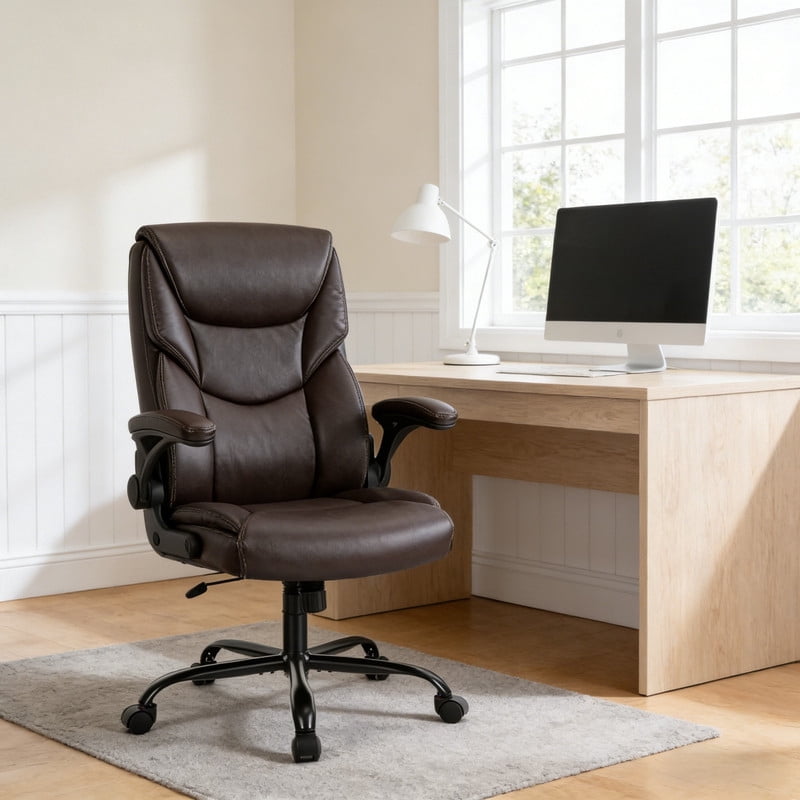 Kelno PU Leather Executive Office Chair with Flip Up Armrest Ergonomic Drafting Chair,Brown