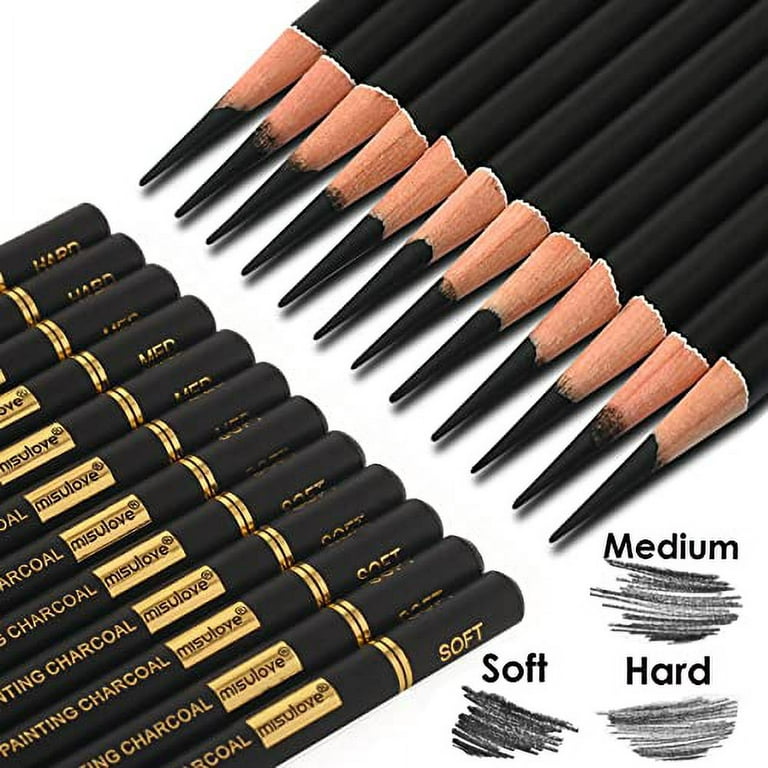 12 Pack Charcoal Pencil - Drawing Pencils - 4 SOFT - 4 MED - 4 HARD