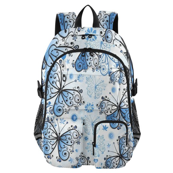 DIXRUYEE Sky Blue Filigree Butterfly Backpack for School 14”Laptop Compatible with Reflective Safety Strips