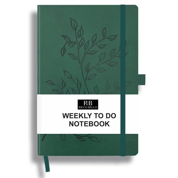RICCO BELLO Undated Weekly Planner To Do Notebook | Faux Leather Hardcover for Work School Home with Pen Holder Bookmark Band Closure Storage Pocket 5.7 x 8.4 Inches (Green Leaves)