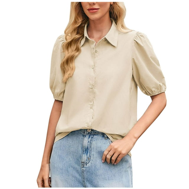 Women's Puff Sleeve Button Down Blouse Top, Summer Casual Loose Fit Collared Shirt, Short Sleeve Work Office Tops