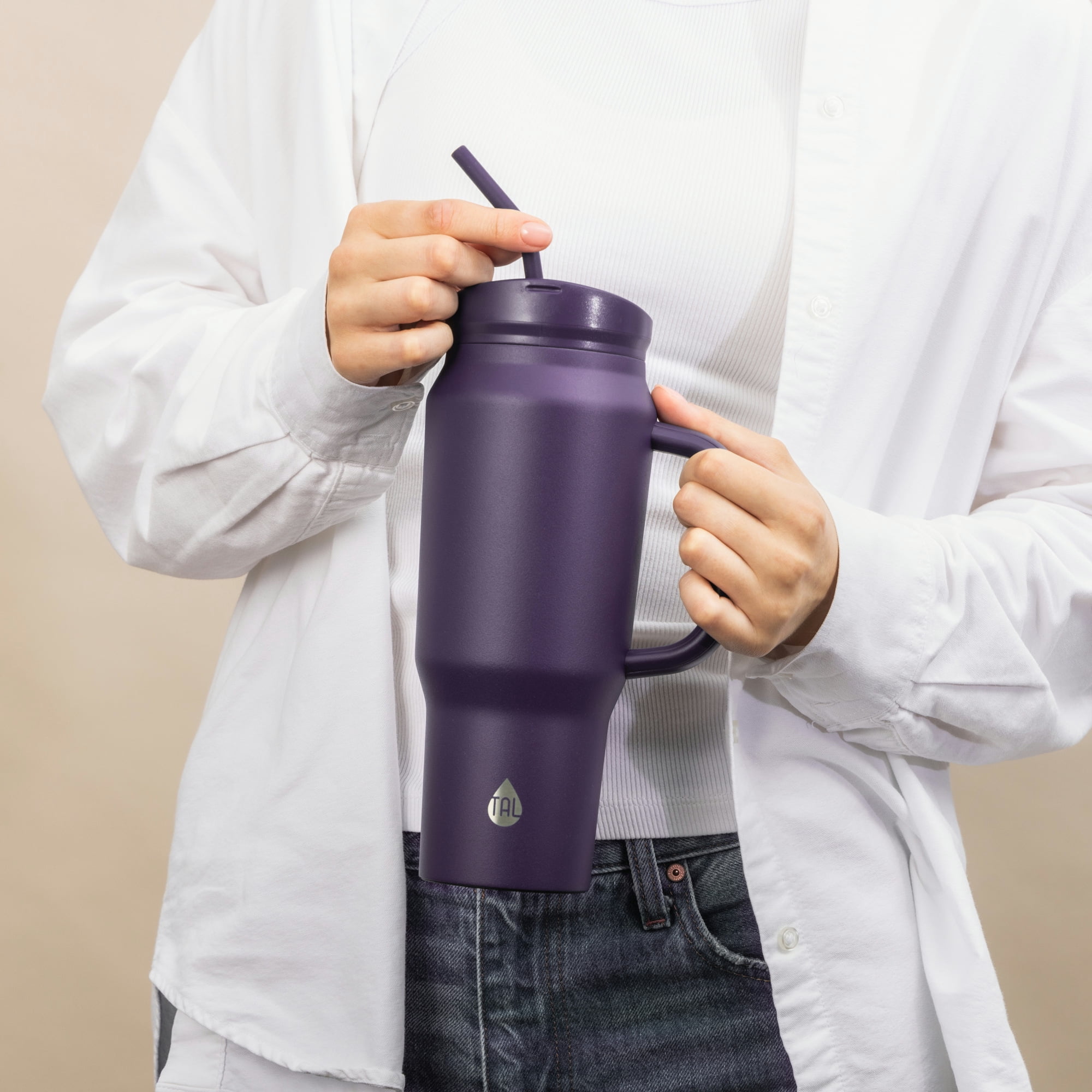 TAL Stainless Steel Basin Travel Mug with Silicone Straw 30 oz, Purple