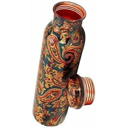 RATAN ENTERPRISES Pure Copper Green Flower Water Bottle with Lid 900 ML