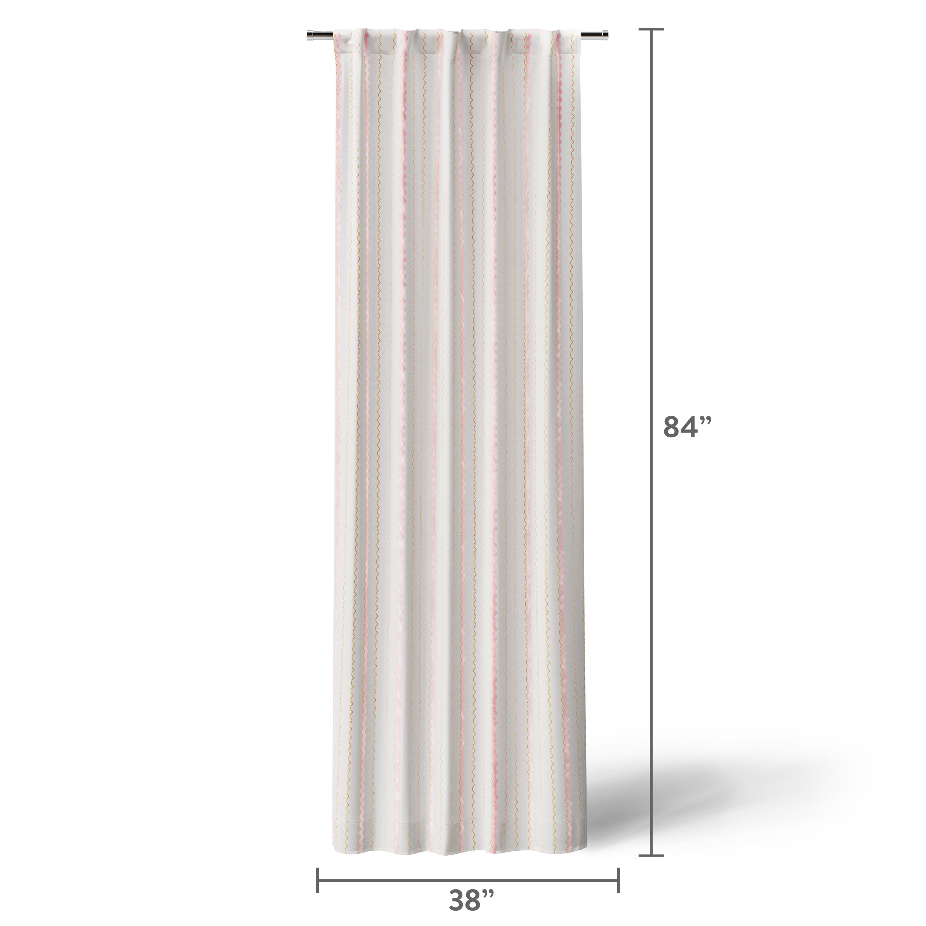 Mainstays Kids White and Pink Scallop Stripe Sheer Overlay Blackout Rod Pocket with Back Tabs Single Curtain Panel, 38" W x 84" L