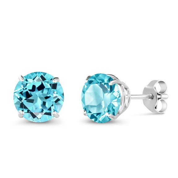 Gem Stone King 1.80 Ct Round 6mm Swiss Blue Topaz 18K White Gold Stud Earrings for Women Men