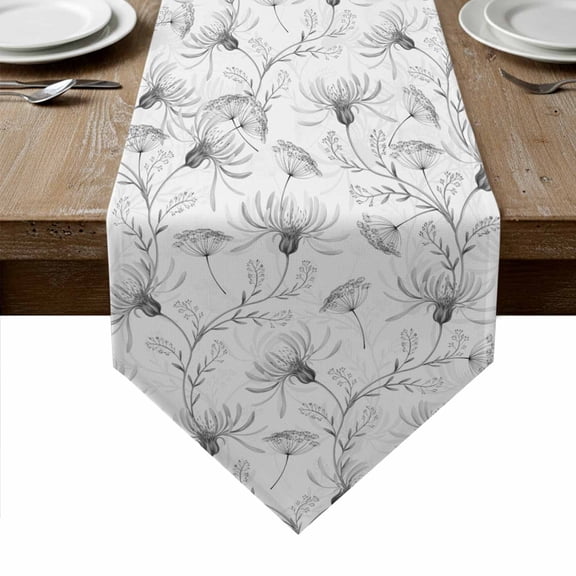 Gray Flowers Table Runner Linen Burlap Table Runner 36 Inches Small Abstract Floral Plants Pastoral Rustic Dresser Scarves for Kitchen Island Coffee Dining Room Party Holiday Decoration 13"x36"