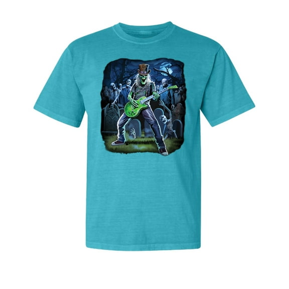 Wild Bobby, Rocking Out Skeleton Playing Guitar, Streetwear, Garment-Dyed Washed Look Short Sleeve T-Shirt, Blue Lagoon, Small