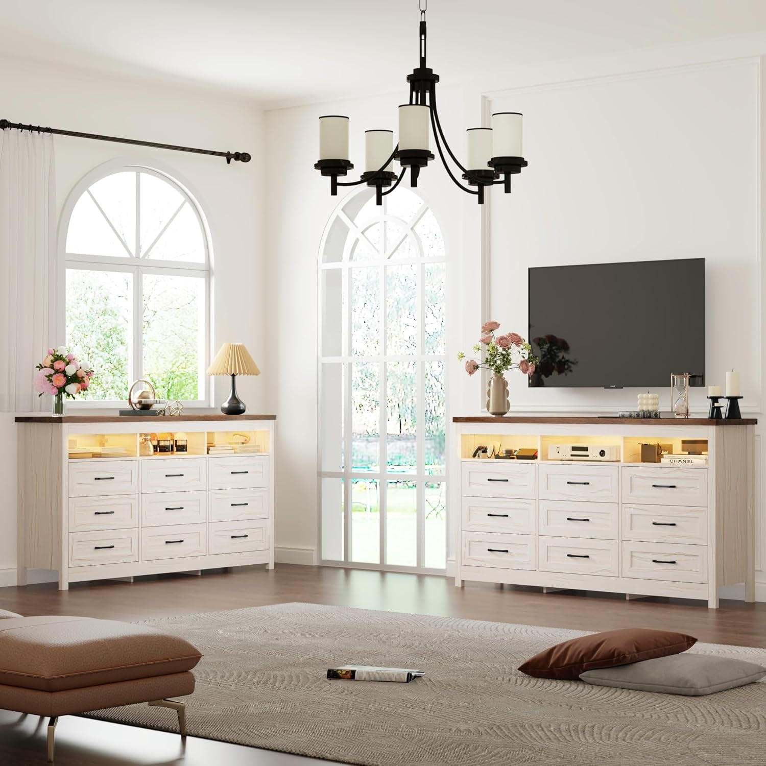 ANPOO Farmhouse 9 Drawers Dresser with LED Lights & Power Outlet, 63" Wide Large Chest of Drawers with Storage Organizer/60000 Colors Light, Modern Wood Dresser for Bedroom, Living Room, Hallway