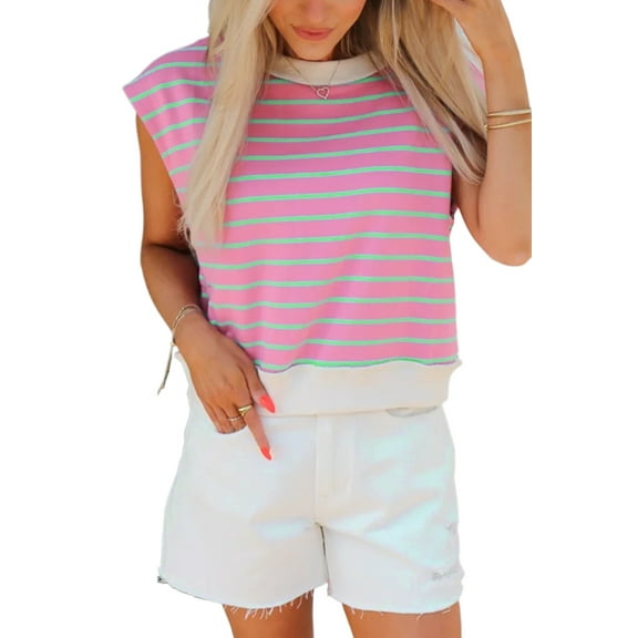 Women's Sachet Pink Striped Crew Neck Cap Sleeve T-Shirt - Casual Summer Style - [ZhiHiMeRi] | (US 12-14)L