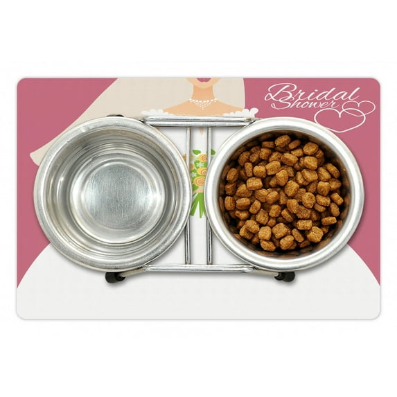 Bridal Shower Pet Mat for Food and Water, Wedding Day Celebration Bride Plain Colored Dress and Flowers Image, Non-Slip Rubber Mat for Dogs and Cats, 18" X 12", by Ambesonne