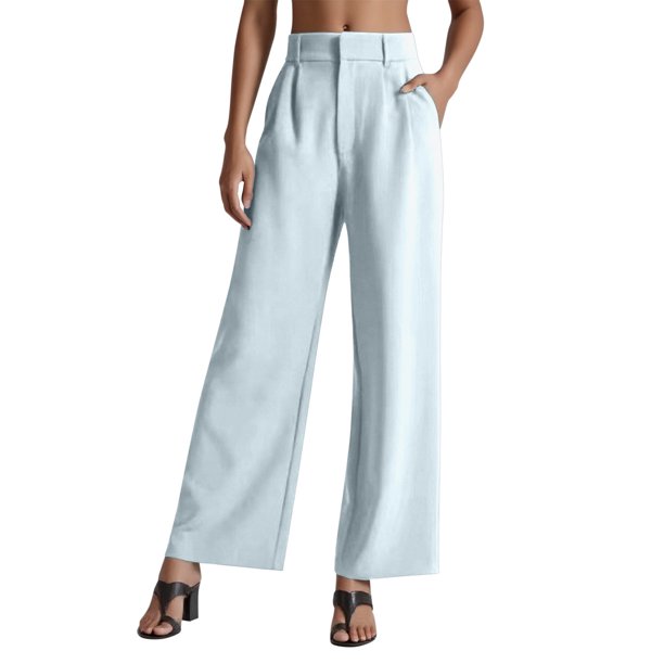 Pantalones de vestir de cintura alta y pierna ancha para mujer - Pantalones de trabajo con pliegues, elástico en la parte trasera y bolsillos laterales